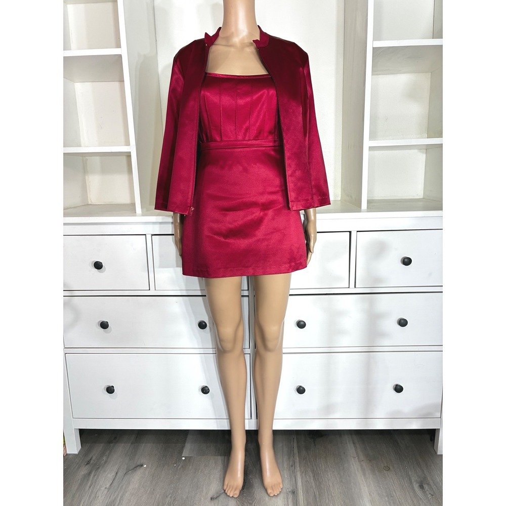 Vintage Cache Red Satin 3 Piece Skirt Suit Set Jacket Camisole Mini Skirt L